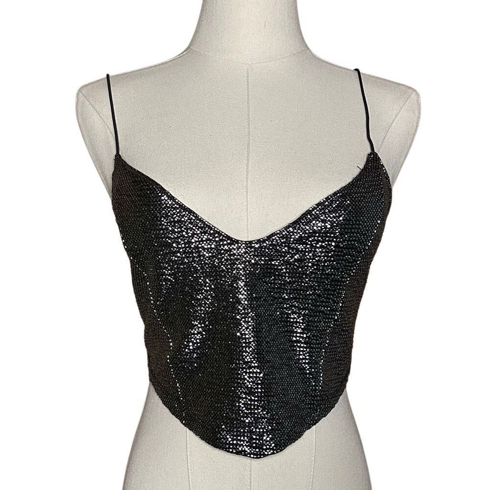 Urban Outfitters Black Sleeveless Sequins Cropped Tank Top Size S Coachella
